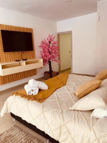 a bedroom with a large bed with towels on it at VILLA CRISTAL in Santa Helena