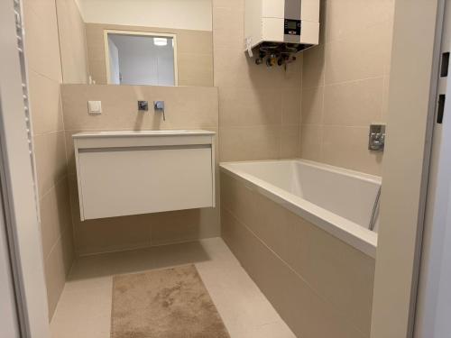 une salle de bain avec une baignoire et un lavabo dans l'établissement train station, 2BR, Danube, Kahlenberg, Historic - FHG 20, à Vienne