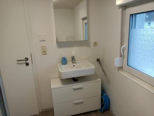 a bathroom with a sink and a mirror at NEU! Ferienwohnung Storchennest OG in Pömmelte