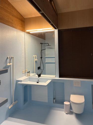 a bathroom with a sink and a toilet and a mirror at Bamboo House in Boyl
