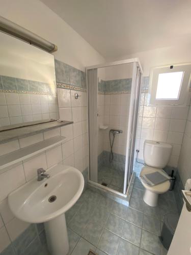 a bathroom with a sink and a toilet at Elpis Rooms in Mylopotas