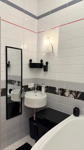 a bathroom with a sink and a mirror at HomeinRiga in Riga