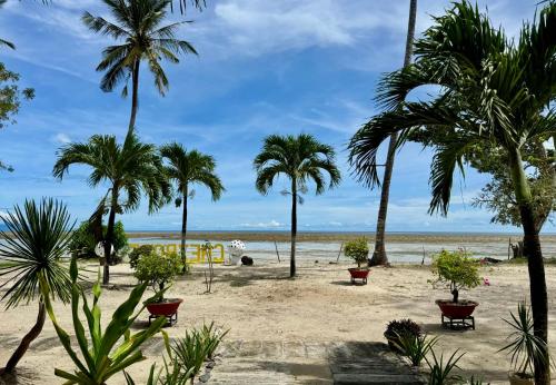 una playa con palmeras y un parque infantil en Puerto Paraiso Hostel, en Puerto Princesa