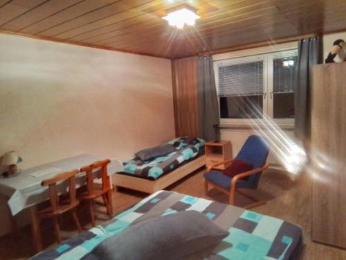 a small room with a bed and a table and chairs at Ferienwohnung Anni in Krottelbach