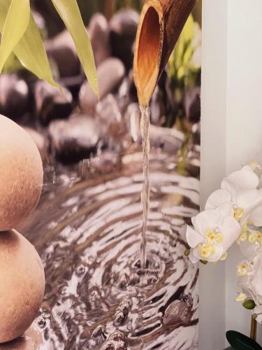 une cuillère en bois laissant tomber de l'eau dans un étang fleuri dans l'établissement La Cachette Fleurie, à Hésingue