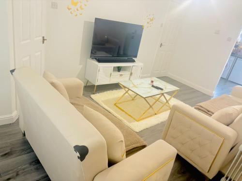 a living room with a couch and a tv at Goodness homes in Manchester