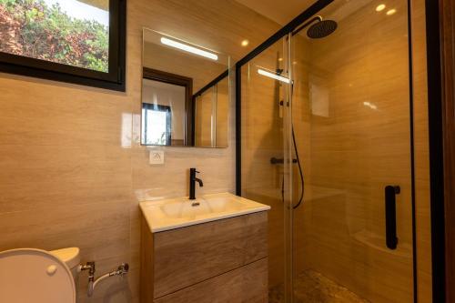 a bathroom with a sink and a shower at Charmant Studio dans dépendance face à la mer in Serra-di-Ferro