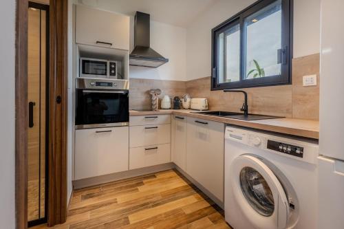 a kitchen with a washing machine and a washer at Charmant Studio dans dépendance face à la mer in Serra-di-Ferro