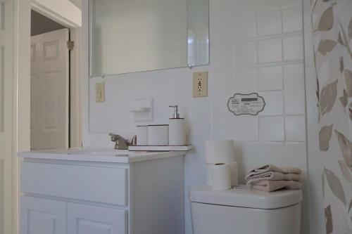 une salle de bain blanche avec un lavabo et des toilettes dans l'établissement Cozy Home, 19m to NYC, 10m to American Dream, à Wallington