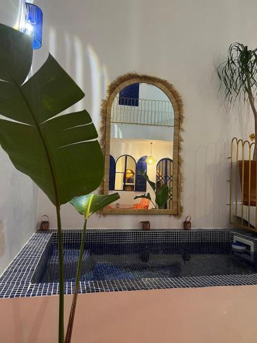 a bathroom with a mirror and a plant at Riad Lyabaïana privatisé, piscine et vue mer dans la médina in Tangier