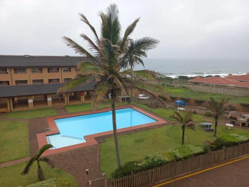 an overhead view of a swimming pool with a palm tree at Andante Villas in Kingsburgh