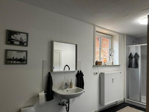 a bathroom with a sink and a mirror at Apartment London in Bergen an der Dumme