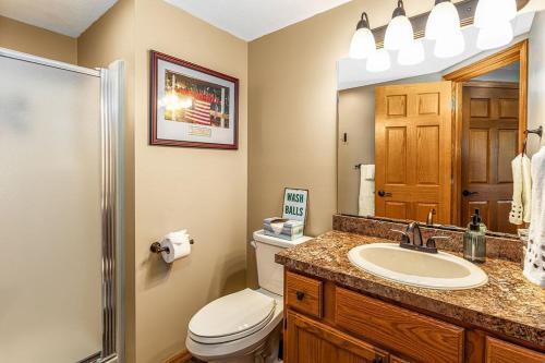 a bathroom with a toilet and a sink and a mirror at Villa Birdie in Galena