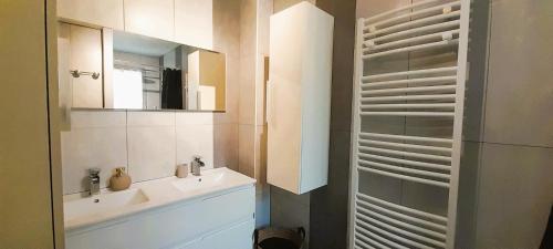 a bathroom with a sink and a mirror at Le St Roch - appart 6-8 pers - wifi - centre ville in Issoudun