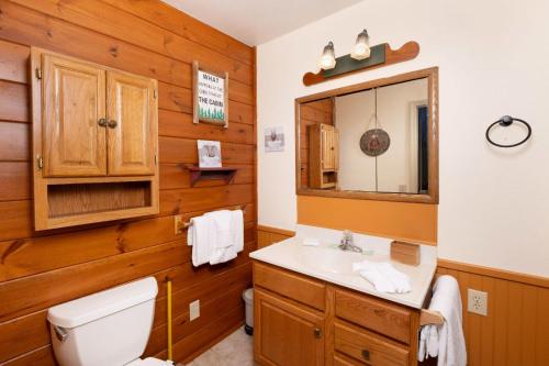 een badkamer met een wastafel, een toilet en een spiegel bij Adventure Lodge in Gatlinburg