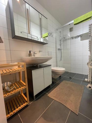 a bathroom with a sink and a toilet at Apartments Soldanella in Leukerbad