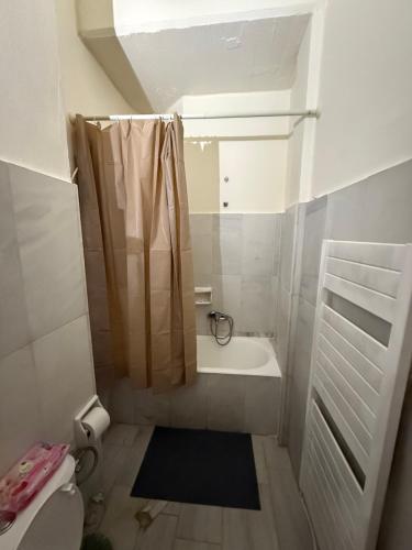 a small bathroom with a shower and a toilet at Blue Note in Mytilini