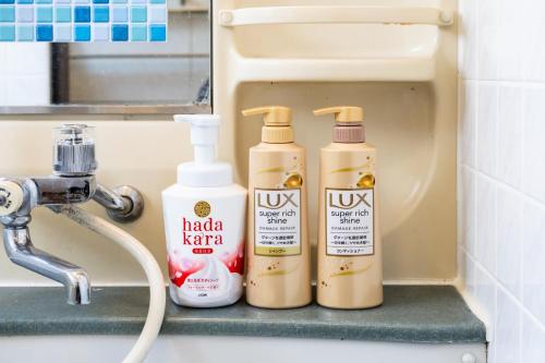 Casa Stay 7 - Vacation STAY 25344v的水槽上放着三瓶卫生用品