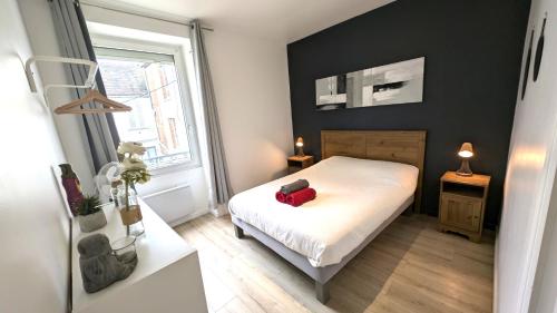 a bedroom with a bed with a red pillow on it at Le cosy nest in Auxerre