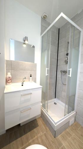 a white bathroom with a shower and a sink at Le cosy nest in Auxerre