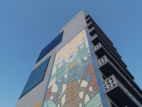 a building with a mural on the side of it at ibis budget Maceió Pajuçara in Maceió