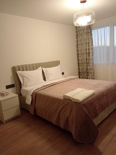 a bedroom with a large bed and a window at Zen aeroport confort in Sînnicoară