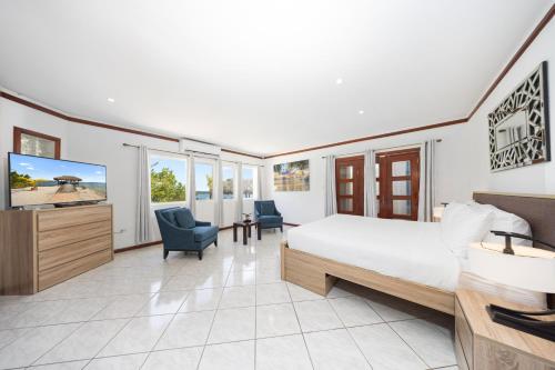 a bedroom with a large bed and a tv at Private Beach Ocean Front Boat Dock Tiki Bar in Savaneta