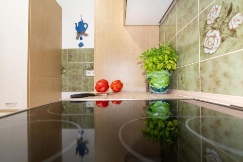 a kitchen counter with tomatoes and vegetables on a shelf at Ferienwohnung Nolte Grömitz in Grömitz