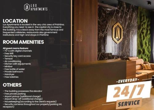 Certifikát, hodnocení, plakát nebo jiný dokument vystavený v ubytování Lux Apartments