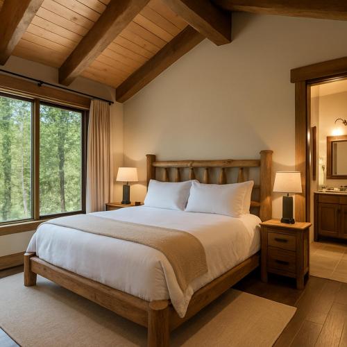 a bedroom with a large bed and a large window at Jackson Hole Alpine Residence in Jackson