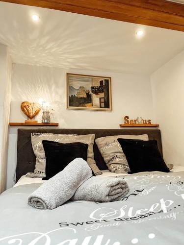 ヴィヒタッハにあるApartment Viechtachのベッド(白黒の枕付)