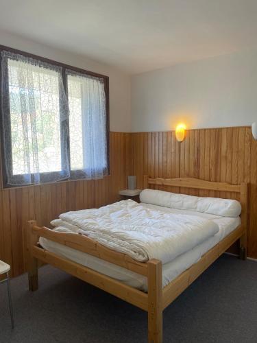 une chambre avec un grand lit avec une fenêtre dans l'établissement Carols cosy, à Font-Romeu-Odeillo-Via