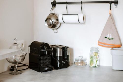 een aanrecht met een koffiezetapparaat en een broodrooster bij Gîte de la maraîchère in Ittre