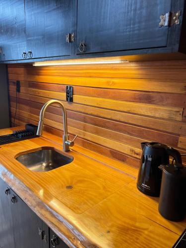 a kitchen counter with a sink and a coffee pot at The Valley Cabin in Alfredo Wagner