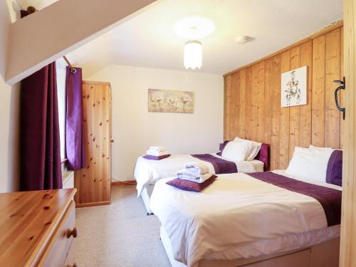 two beds in a room with wooden walls at Bryn Re in Trawsfynydd