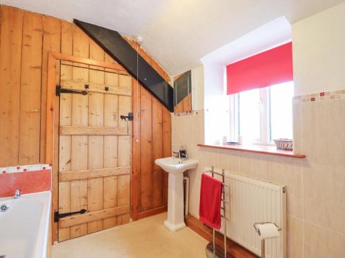 a bathroom with a wooden door and a sink at Bryn Re in Trawsfynydd