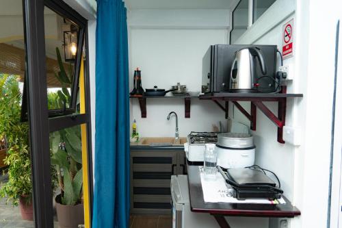 a kitchen with a counter with a sink and a microwave at Ahavah Guesthouse in Trou dʼ Eau Douce