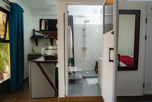 a kitchen with a door open to a bathroom at Ahavah Guesthouse in Trou dʼ Eau Douce