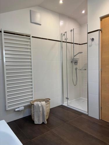a bathroom with a shower and a walk in shower at Hanselerhof Jaufental Ratschings mit Sauna in Racines