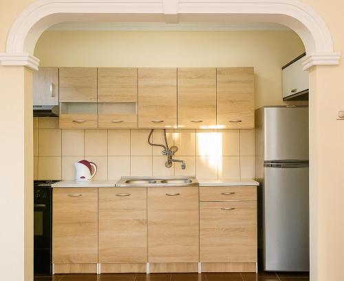 a kitchen with wooden cabinets and a stainless steel refrigerator at Kuća Amazonija in Apatin