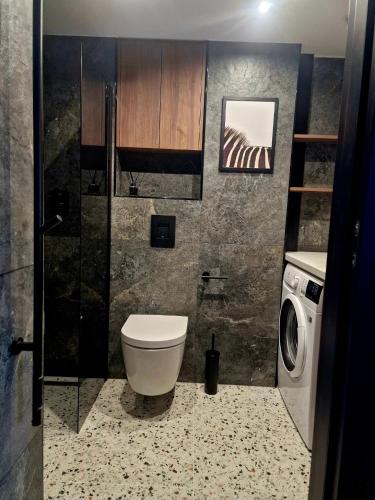 La salle de bains est pourvue de toilettes et d'un lave-linge. dans l'établissement Stylish loft, à Vilnius