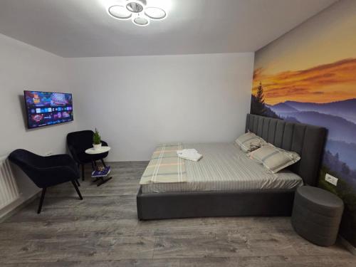 Un dormitorio con una cama y un cuadro en la pared. en Panoramic View Bran, en Bran