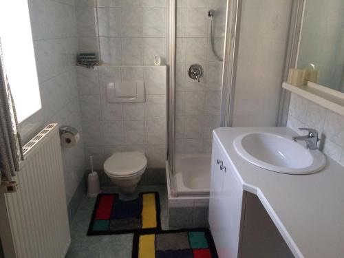 a bathroom with a sink and a toilet and a shower at Haus Astrid in Keutschach am See