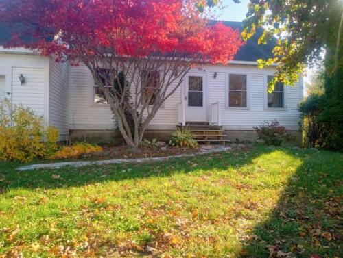 a white house with a red tree in front of it at Convenient, Cozy, Mid-Coast Maine Cottage in Thomaston