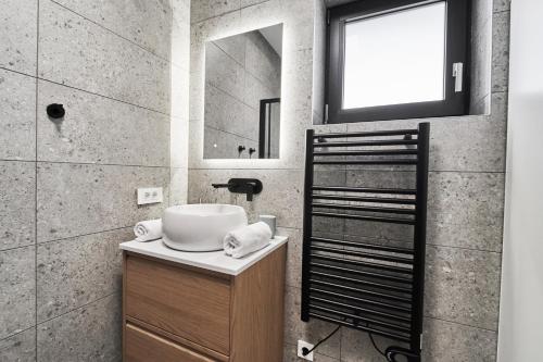 a bathroom with a sink and a mirror at Green Alpine Nest in Komenda
