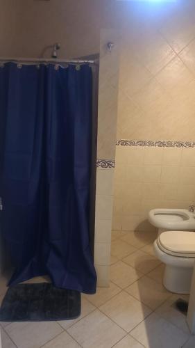 een badkamer met een toilet en een blauw douchegordijn bij Residencia La Serena in Bernal