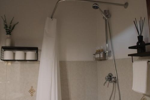 a shower with a white shower curtain in a bathroom at La Piazzetta Apartment in Pietralunga