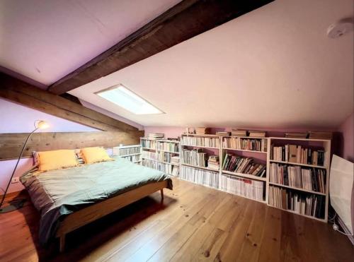 a bedroom with a bed and book shelves at Agréable chambre d'hôte chez l'habitant in Perpignan