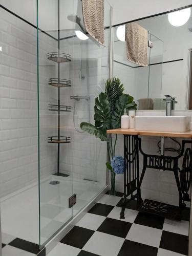 a bathroom with a sink and a glass shower at A Casa da Vila in Alcochete