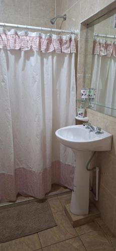 a bathroom with a sink and a shower curtain at Milena 1, parking amplio y WiFi Starlink in San Juan